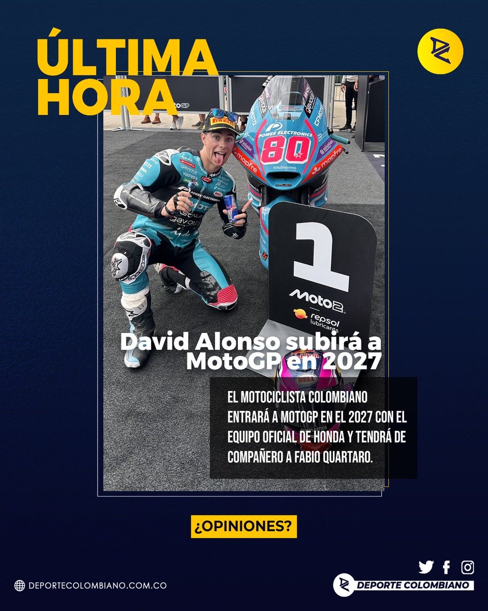 ¡AL MOTO GP 😤! David Alonso haría historia en el 2027

Según el medio de AS, el colombiano dará su salto en la próxima temporada a la máxima categoría del motociclismo mundial. David llegaría junto al equipo Honda, y sería compañero de Fabio Quartararo.

¿Opiniones? 💛💛💙❤️