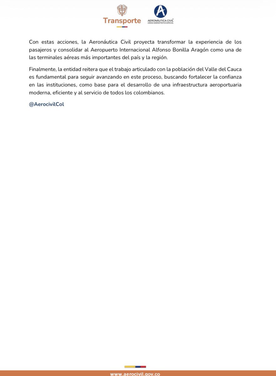 AerocivilCol's tweet image. #ConDignidadCumplimos ✈️ 
La @AerocivilCol anuncia inversiones por más de $215 mil millones para modernizar el Aeropuerto Alfonso Bonilla Aragón de #Cali.

Avanzamos con una operación segura, eficiente y sin interrupciones desde su retoma.