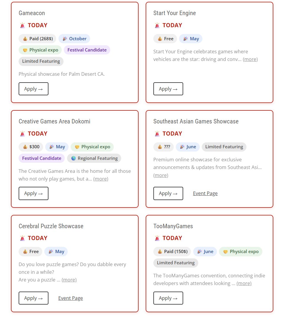 Olima's tweet photo. really good tip for indie devs:

the "Event and Festival" calendar from How to Market a Game got an overhaul, now includes:

- event prices
- tags for whether they'll likely get Steam featuring
- tags for physical vs online events
- can super recommend!!

https://t.co/wANBP1oSat https://t.co/9hZtJyFwHf