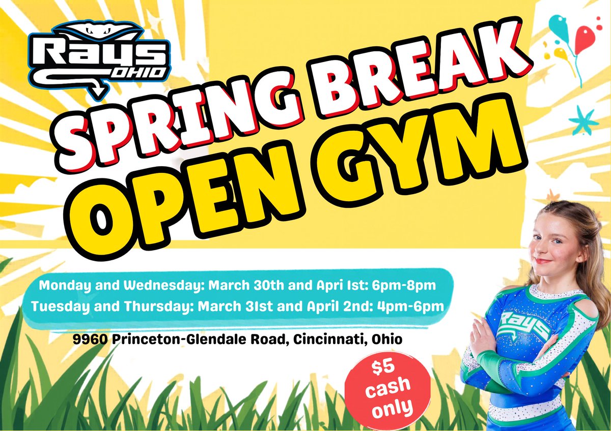 LetsGoRaysOH's tweet photo. Come spend Spring Break with us starting TONIGHT!! Open gyms all this week for just $5 (cash only)! See you there🌸💛 https://t.co/daShg0ArQv