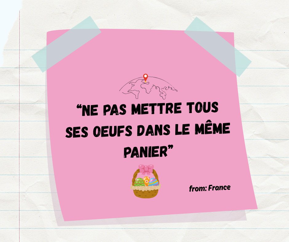 FrenchEdUK's tweet photo. 🗺️ A new month = a new idiom
Ever heard the French expression “Ne pas mettre tous ses œufs dans le même panier”?🥚🧺
It’s advice that works in life, love, and even at Easter! In French, it means don’t risk everything on a single plan or idea. Practical, wise… and seasonal! 🍫🐣 https://t.co/P2ZyqCsHBu
