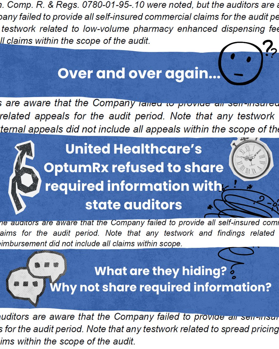 TNPharmacists's tweet photo. Why is UnitedHealthcare/OptumRx refusing to share required data with Tennessee auditors? Even without full cooperation, TDCI still found 18 findings + 5 observations, including unfair reimbursements and appeals violations.  Learn more: https://t.co/qYLNGoTbPo 
#UnmaskTheMiddleman https://t.co/fB4Jl9XK2j