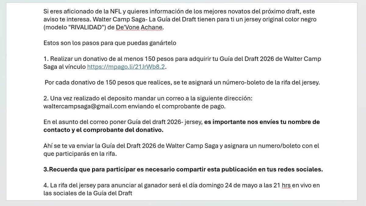La GRAN GUÍA del NFL Draft 2026 ha llegado!
✔️MOCK DE EXPERTOS
✔️ANÁLISIS DE MÁS DE 160 PROSPECTOS
Realiza tu donativo de $150 (MXN) o $8.5 USD en el enlace mpago.li/21JrWb8 y revisa las instrucciones para ganarte un jersey oficial de De'Von Achane