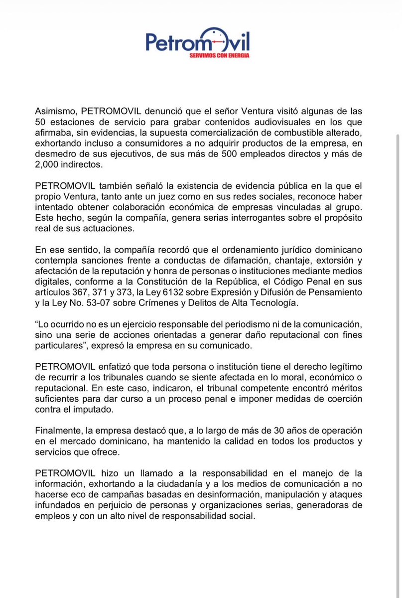 YANSEGURAM's tweet photo. 🛑 URGENTE | consideramos que esto es una nueva y grave agresión en la rueda de prensa de Petromovil: creemos que Petromovil  construye una narrativa que luce difamatoria contra Jefte Ventura: Procederemos penalmente por difamación e injuria. 
 ¡El Pueblo Unido jamas será vencido!

Jefte Ventura, convocara una rueda de prensa en breve para desmentir las acusaciones de PETROMOVIL SA, con pruebas en mano. 

Resulta increíble que, a pesar del repudio público que ha recibido Petromovil en los últimos días, hayan cometido este nuevo y serio error. Como bien se sabe: lo único peor que un error es un error seguido de otro error.

Mientras todo el país sigue con atención este caso, en su presentación de hoy reprodujeron segun varias fuentes videos públicos de Jefte Ventura y afirmaron que se trata “de un asunto de publicidad que le pidieron y, como se negaron, empezó a publicar videos contra la empresa”.

Con mayor asombro, en su comunicado oficial acusan directamente a Jefte de haberlos llamado “contrabandistas” y de haber manipulado “de forma maliciosa” los informes del Ministerio de Industria y Comercio realizados por AIVEPET. Eso es completamente falso.

Estas declaraciones configuran, en nuestra opinión, una difamación clara y grave contra la honra y credibilidad de Jefte Ventura. Petromovil SA nos ha entregado un arma muy poderosa y la vamos a usar.

Nuestro equipo legal procederá de inmediato a querellarse penalmente contra Petromovil S.A. ante la Procuraduria Fiscal del Distrito Nacional por difamación e injuria en perjuicio de Jefte Ventura, incorporando tanto las declaraciones de la rueda de prensa como las contenidas en su comunicado oficial. Como dice Sun Tzu en El Arte de la Guerra: “La oportunidad de derrotar al enemigo es proporcionada por el enemigo mismo.”

Y esa oportunidad, hoy, Petromovil se la ha dado a Jefte Ventura y con el al país. Su primer error fue judicializar una denuncia ciudadana. Su segundo y más grave error fue esta rueda de prensa: en vez de mostrar humildad, abrirse a la fiscalización ciudadana y demostrar con pruebas que su combustible cumple con la ley, han decidido atacar nuevamente a un joven comunicador de Higüey que solo visibilizó informes oficiales.

Señores de Petromovil: En lugar de defenderse con transparencia, optan por atacar la credibilidad de quien ejerció su derecho a informar sobre la calidad del combustible que miles de dominicanos echamos diariamente en nuestros vehículos, afectando el bolsillo, la seguridad y el sustento de miles de familias y trabajadores.

Este no es un simple pleito entre un comunicador y una empresa. Es la lucha de un joven que encarna el sentir nacional y que se atrevió a hablar por el pueblo dominicano preocupado por lo que realmente le echan a sus motores.

Prepárense: Cada palabra dicha hoy está siendo documentada. Los tribunales del Distrito Nacional tendrán la última palabra, y allí Petromovil tendrá que probar con hechos reales —no con relatos convenientes— cada una de sus acusaciones.
Jefte Ventura no está solo. El pueblo dominicano está observando. Y el pueblo será el gran juez de Petromovil.

OJALA QUE LES TOQUE UN FISCAL COMO EL DE HIGUEY QUE LES SOLICITE PRISIÓN PREVENTIVA, y una juez que se extralimite y nos conceda cosas que nadie le solicite, COMO EN EL CASO DE JEFTE.

------------
Semana Santa 
Los Mina 
Lunes Santo 
Jefte Ventura 

@FelixPortes @RDSomosPueblo @corripioo @WendySantosB @nuriapiera @AliciaOrtegah @nuriapiera @josepeguero @ElvinCastillo @alfredodelacruz @jimenezpedro27 @Zuletaaslegal @DiarioLibre @ListinDiario @panorama_do @nieves_rd @jefte_ventura @HablandodeVe