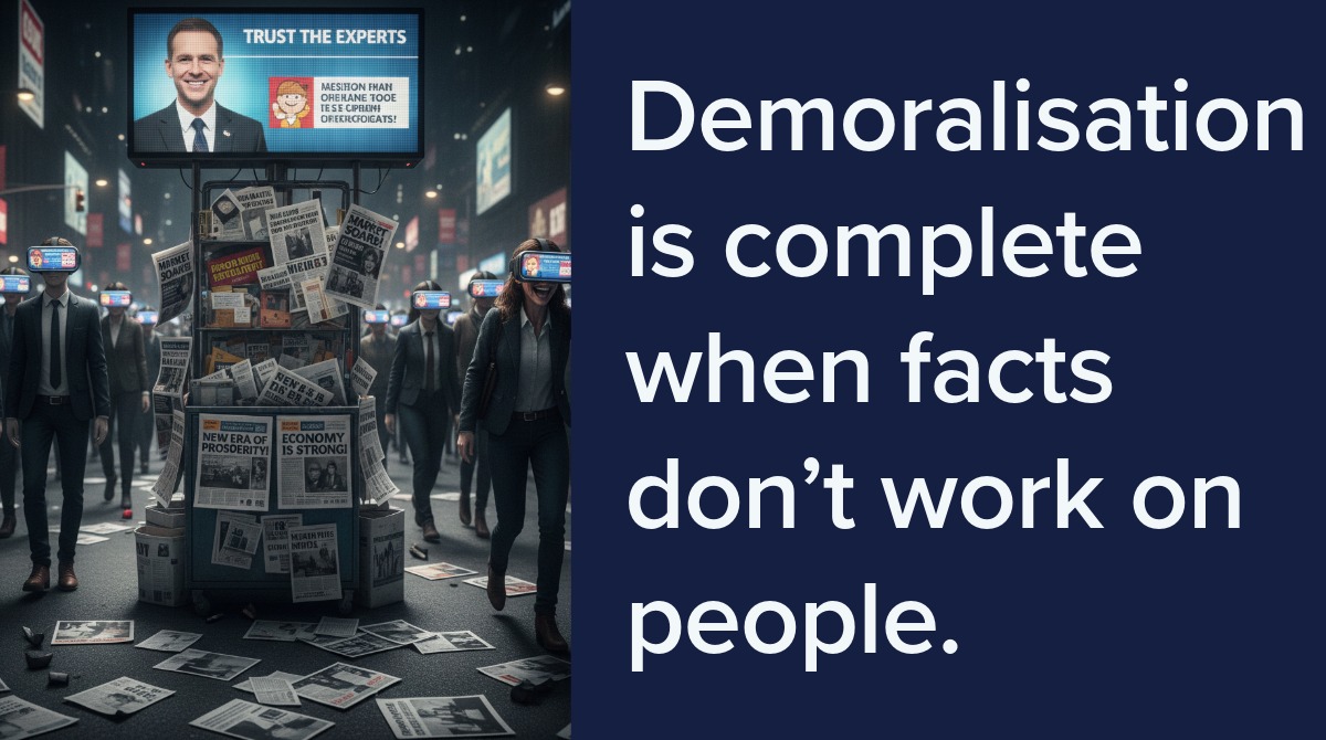 PriceVPartners's tweet image. Demoralisation is complete when facts don’t work on people. You can show them photos, documents, truth... they’ll still reject reality. Sound like markets to you? #index #btc #stocks Read Bezmenov’s Ghost //bit.ly/49uIgXI