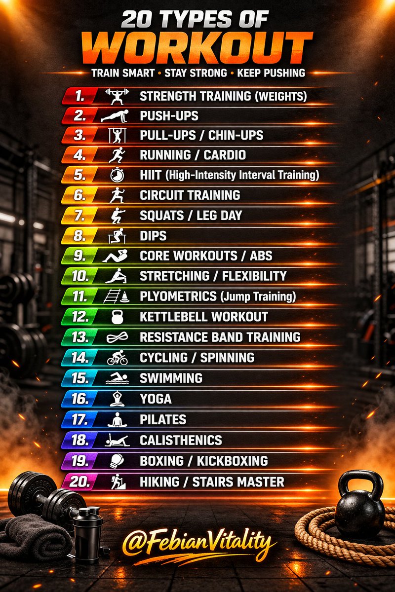 officer_pr46909's tweet image. 💪 20 Workouts to Train Smart &amp;amp; Stay Strong:

🏋️‍♂️ Strength | 🤸 Push/Pull | 🏃‍♂️ Cardio/HIIT
🍑 Squats | 🧘 Core/Yoga | 🏋️ Kettlebell/Bands
🥊 Boxing | 🧗 Hiking | 🤸 Pilates/Calisthenics
Mix &amp;amp; match. Stay consistent. Keep pushing!
#FebianVitality #TrainSmart #StayStrong