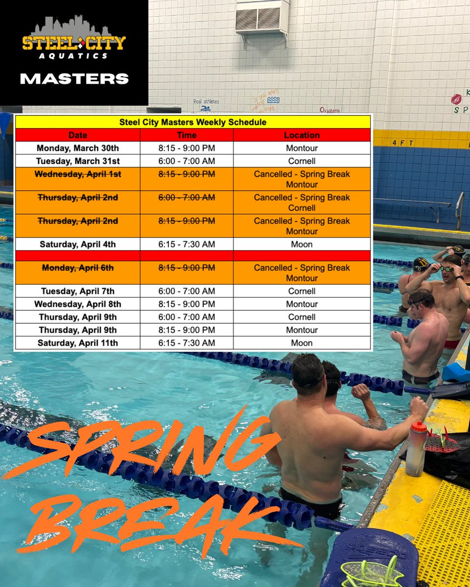 _STEELmasters's tweet photo. This weeks schedule...some changes with Spring Break! We are still swimming though. Stop by!

@MastersSwimming 
@STEELaquatics https://t.co/0iHPxyDcgR
