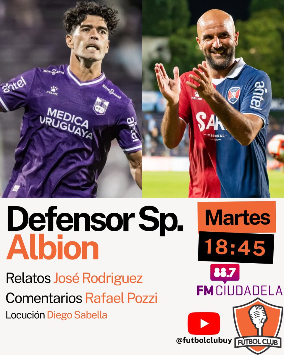 futbolclubuy's tweet photo. SUUUPER MARTES!
De @LigaAUF en @futbolclubuy por @fmciudadela

🕓 18:45
⚽ @DefensorSp vs @albion_uy 

🗣️Relatos @JRodriguezRey 
🗣️Comentarios @rapoba1978 

ESCÚCHANOS EN👇
📻 88.7 FM
📱 https://t.co/jmLnvBkHVq
📱 https://t.co/v1JPAdiVC7 https://t.co/9NMfB3m1EL