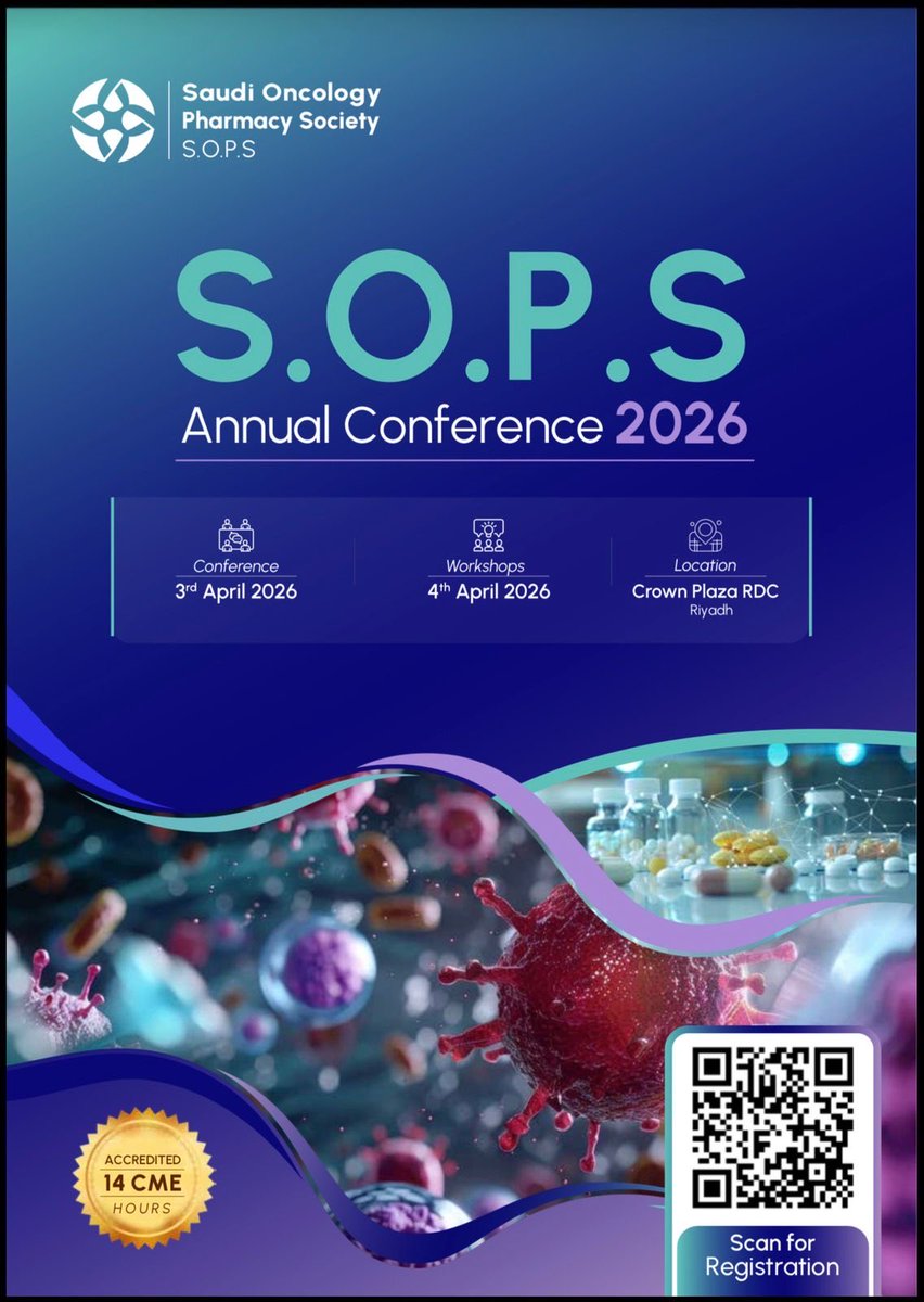 SOPS_SA's tweet image. Time is ticking! ⏰ 

Don’t miss your chance to register for #SOPS2026.

Secure your spot at the Saudi Oncology Pharmacy Society 1st annual conference in Riyadh!

🔗 Register now: op.org.sa/conference/

#Oncology #Hematology #Pharmacy #Riyadh