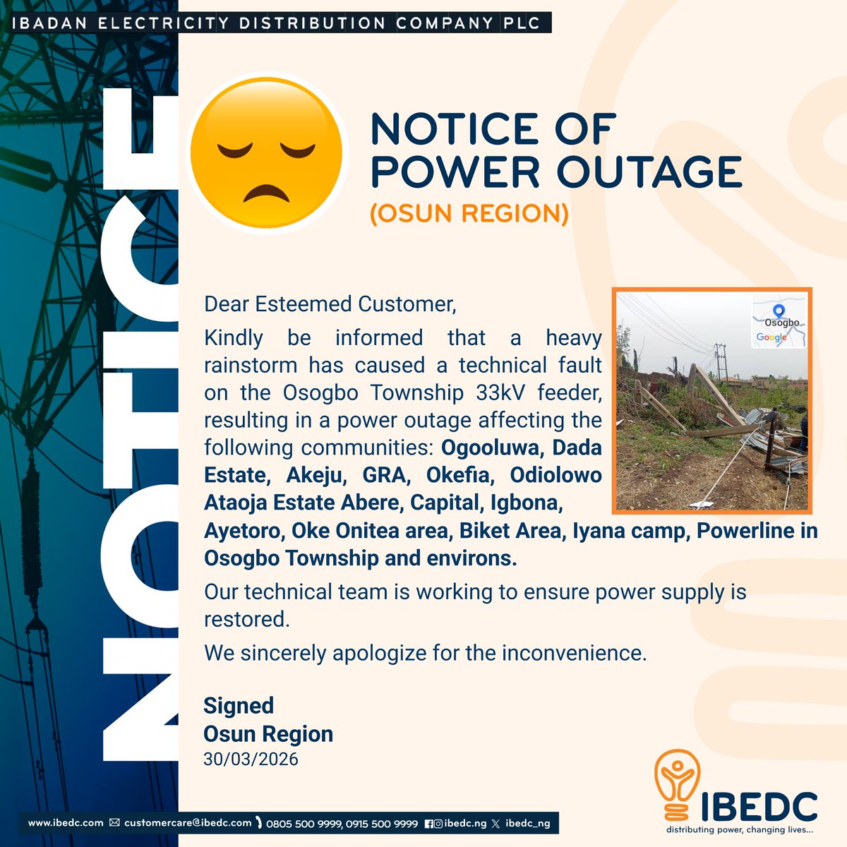 IBEDC_NG's tweet image. Notice of Power Outages
#ibedc #outage #osun