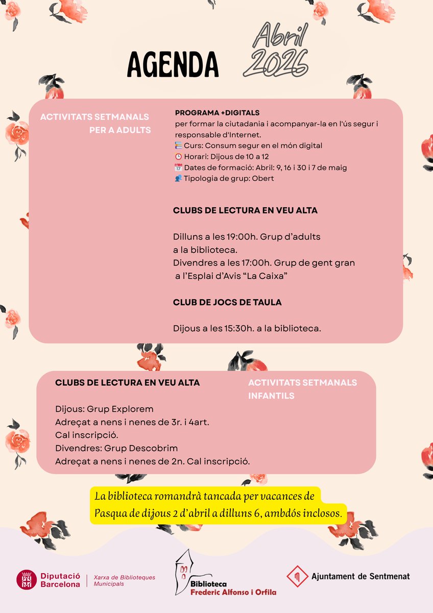 Aquesta setmana obrirem fins dimecres 1 d'abril i tornarem a obrir dimarts 7 d'abril.
#BonesLectures