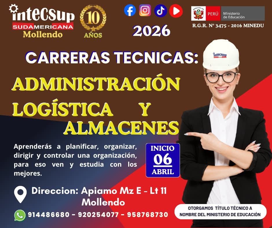SrvDaniel's tweet photo. INTECSUP MOLLENDO 👩‍🎓👨��🎓
Administración - Logística y Almacenes 📙🖍️
Obtén tu título técnico en 2 años a nombre del MINEDU.🎓🎓
Ingreso Directo "MATRICULATE" ⬅️⬅️
*INICIO CLASES: ✍️✍️
06 de abril  🗓 🗓
Coordinar con secretaria:   
*CELULAR: 920254077  📞📱  
APIAMO Mz E - Lt 11 https://t.co/lOiJRIKzSA