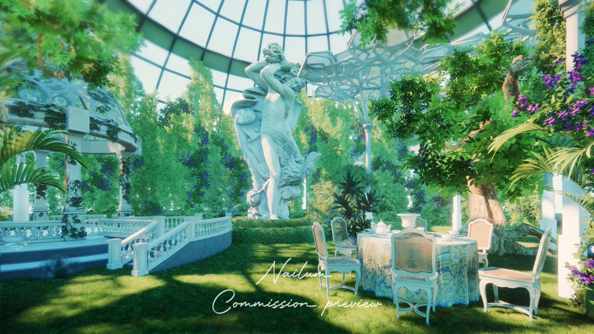 ArtNailum's tweet image. Sunlight spills through glass and settles on pale stone, where ancient greek world sit quietly beneath layers of green.

---background commission---     

commission: @neon_toxin_ 
Background art: @ArtNailum 

#background #opencommissions #Vtuber #VTuberAssets