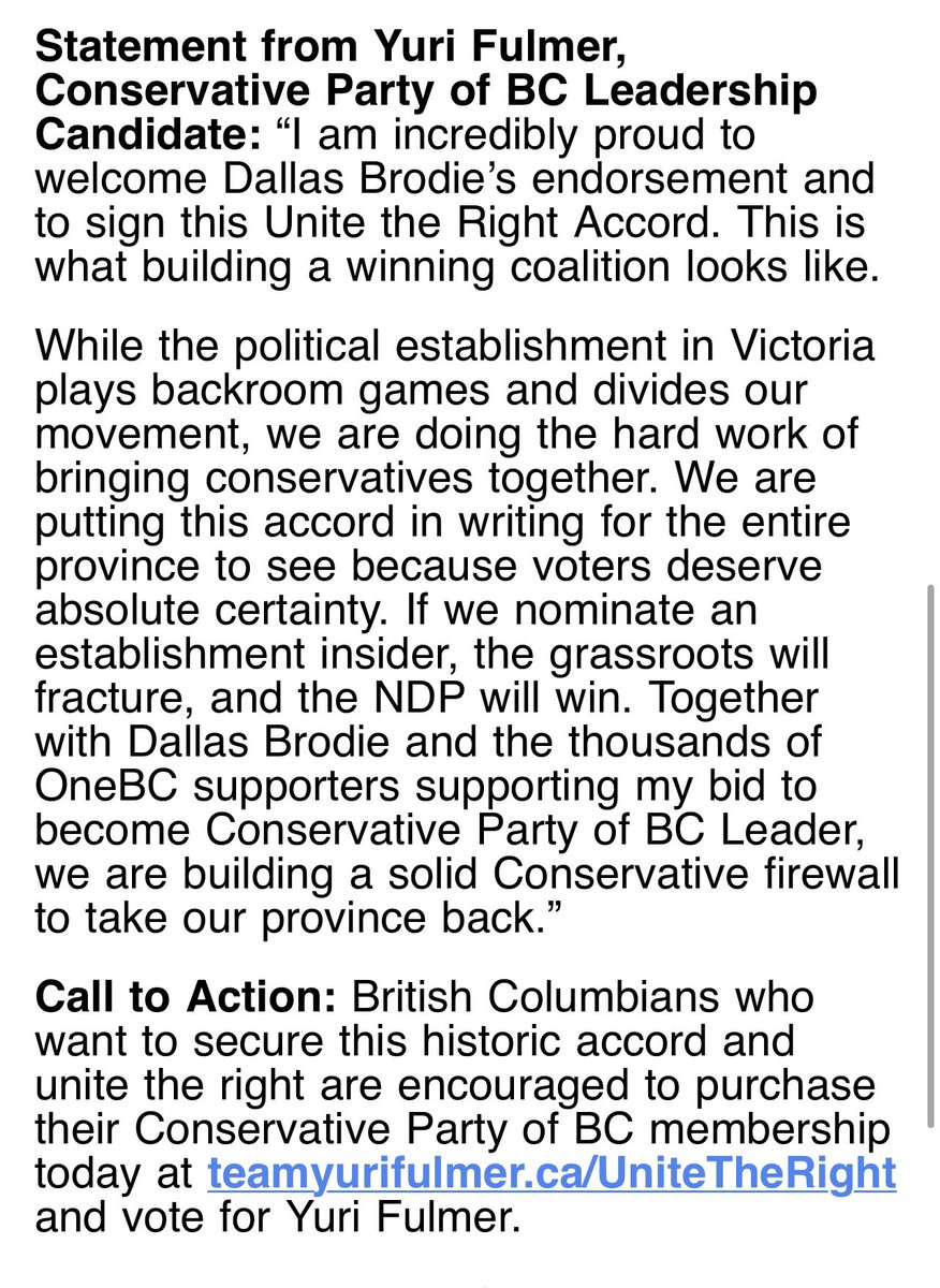 JasJohalBC's tweet image. NEW: BCC leadership candidate Yuri Fulmer and OneBC’s Dallas Brodie have signed a Unite the Right Accord. If Fulmer wins the BCC leadership, OneBC stands down in 88 of 93 ridings. Five seats cleared for OneBC. Confidence and supply on the table. #bcpoli​​​​​​​​​​​​​​​​ #vanpoli