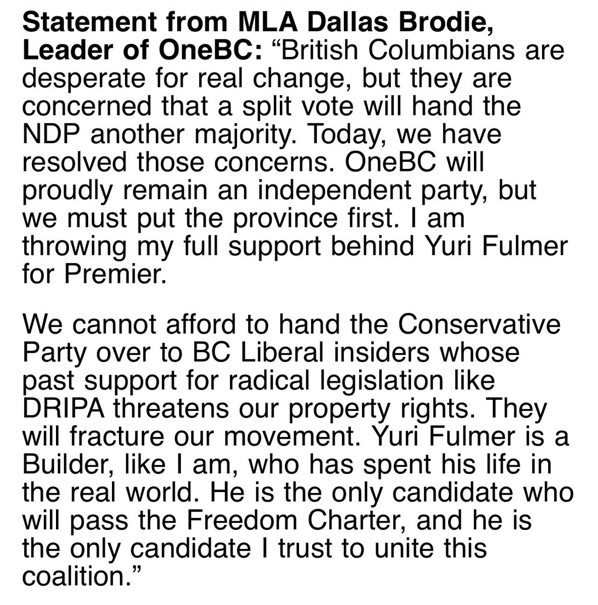 JasJohalBC's tweet image. NEW: BCC leadership candidate Yuri Fulmer and OneBC’s Dallas Brodie have signed a Unite the Right Accord. If Fulmer wins the BCC leadership, OneBC stands down in 88 of 93 ridings. Five seats cleared for OneBC. Confidence and supply on the table. #bcpoli​​​​​​​​​​​​​​​​ #vanpoli