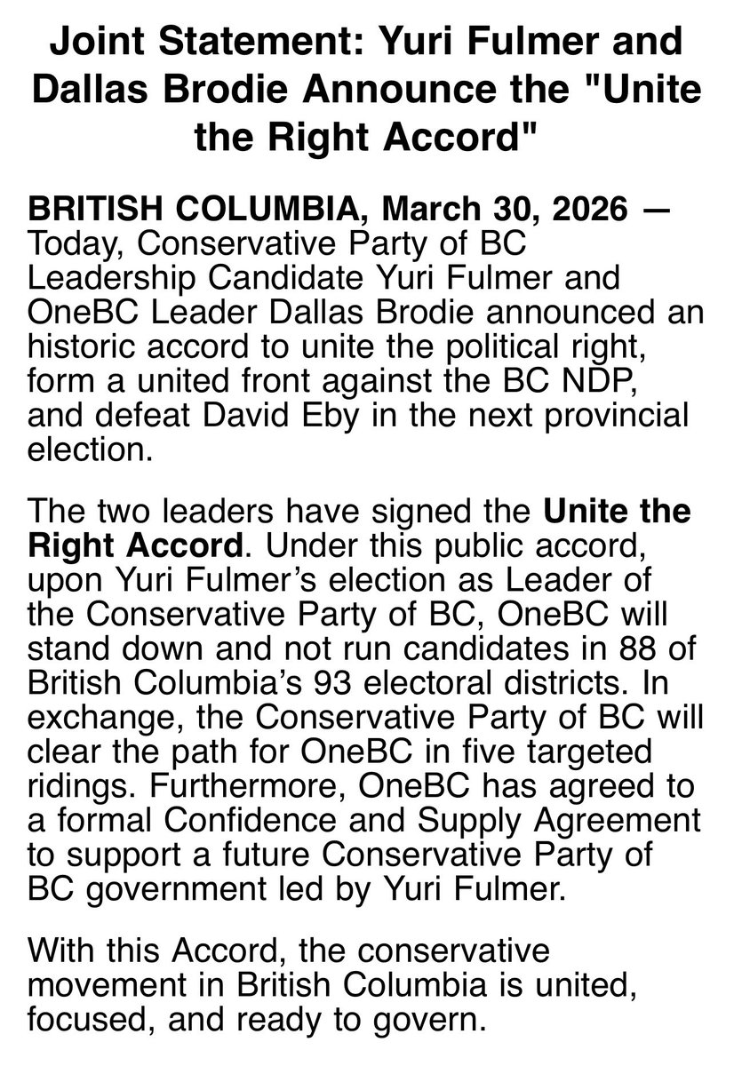 JasJohalBC's tweet image. NEW: BCC leadership candidate Yuri Fulmer and OneBC’s Dallas Brodie have signed a Unite the Right Accord. If Fulmer wins the BCC leadership, OneBC stands down in 88 of 93 ridings. Five seats cleared for OneBC. Confidence and supply on the table. #bcpoli​​​​​​​​​​​​​​​​ #vanpoli