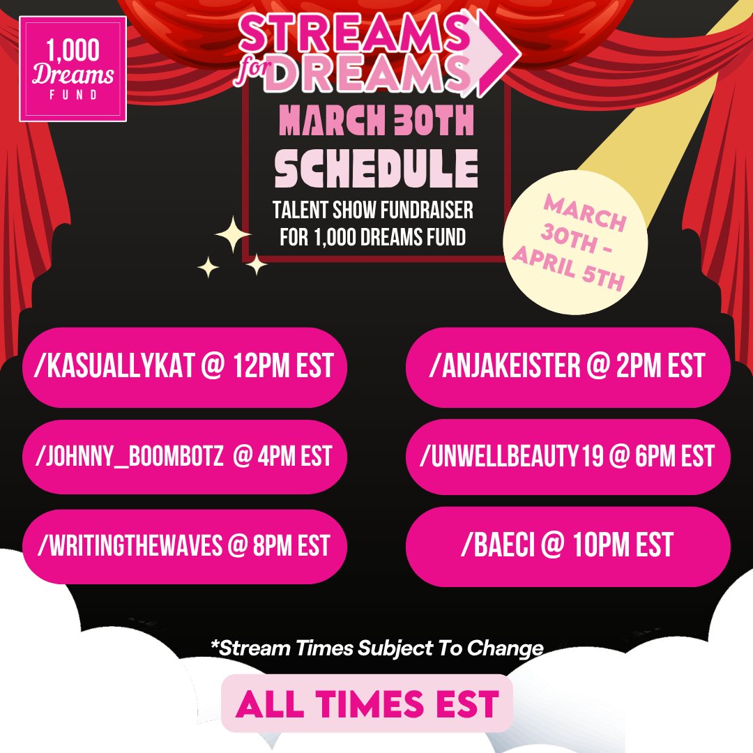 1000DreamsFund's tweet image. You thought the #WomensHistoryMonth hype was over? Join us for Day 1 of our #StreamsForDreams Talent Show &amp;amp; Raid Train!

These creators are going live to launch a full week of showing off their own talent while raising funds to support BIG dreams like yours.👀

Tune in, raid