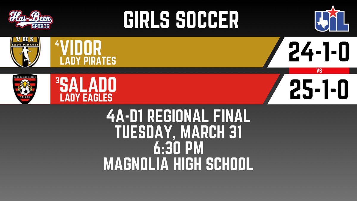 AshlyElamSports's tweet image. The Vidor Lady Pirates take on Salado tomorrow night at Magnolia High School. Winner advances to the 4A-Division 1 State Semifinals! #txhssoccer