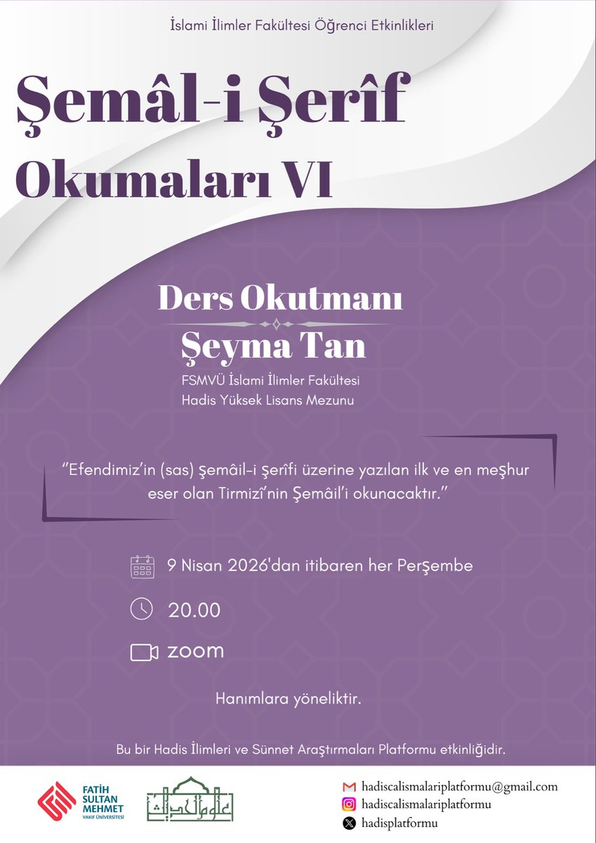 hadisplatformu's tweet photo. Şeyma Tan ile Tirmizî’nin Şemâil-i Şerîf dersleri başlıyor! ✨
📍 Zoom (Hanımlara özel)
📆 9 Nisan’dan itibaren her Perşembe
🕒 20.00
🔗 Kayıt: https://t.co/nEx4D1Bpln https://t.co/gAjnZujh3B
