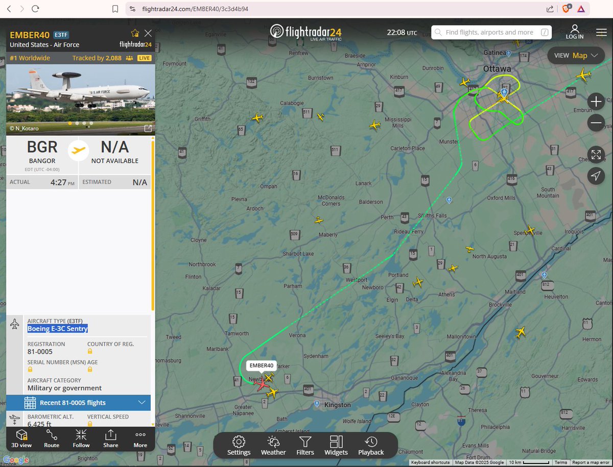 otpbdh's tweet photo. AWACS aircraft 81-0005 flew over Ottawa, Canada September 16, 2025.  This same aircraft was recently destroyed at the Prince Sultan Air Base in Saudi Arabia during a missile and drone attack. @karenmccrimmon

Aircraft track screenshot from @flightradar24. https://t.co/siMaJS7Obk