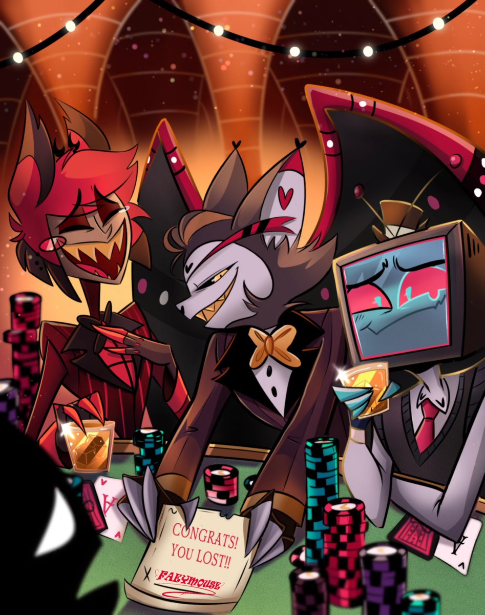 faeymouse's tweet photo. JACKPOT!!🎰✨

I like to think they used to hang out. Just the gambling demon winning souls while his pals drink their homoerotic sazerac and laugh at you for losing 

#hazbinhotelfanart #huskhazbinhotel #radiostatic https://t.co/CmFdfwwjEX