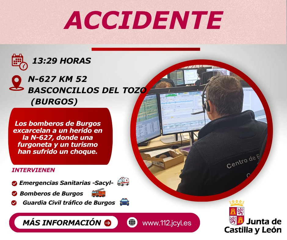 🚑| Emergencias 112cyl |La sala del #112CyL recibe aviso de un accidente con un herido atrapado en #BasconcillosDelTozo, en #Burgos. 
Actúan en el lugar:
🚒<a href="/BomberosBurgos/">Bomberos Ayto. Burgos</a>
🚔Guardia Civil de tráfico
🚑Emergencias sanitarias <a href="/Salud_JCYL/">Salud JCYL</a> 
👇112.jcyl.es/web/jcyl/112/e…