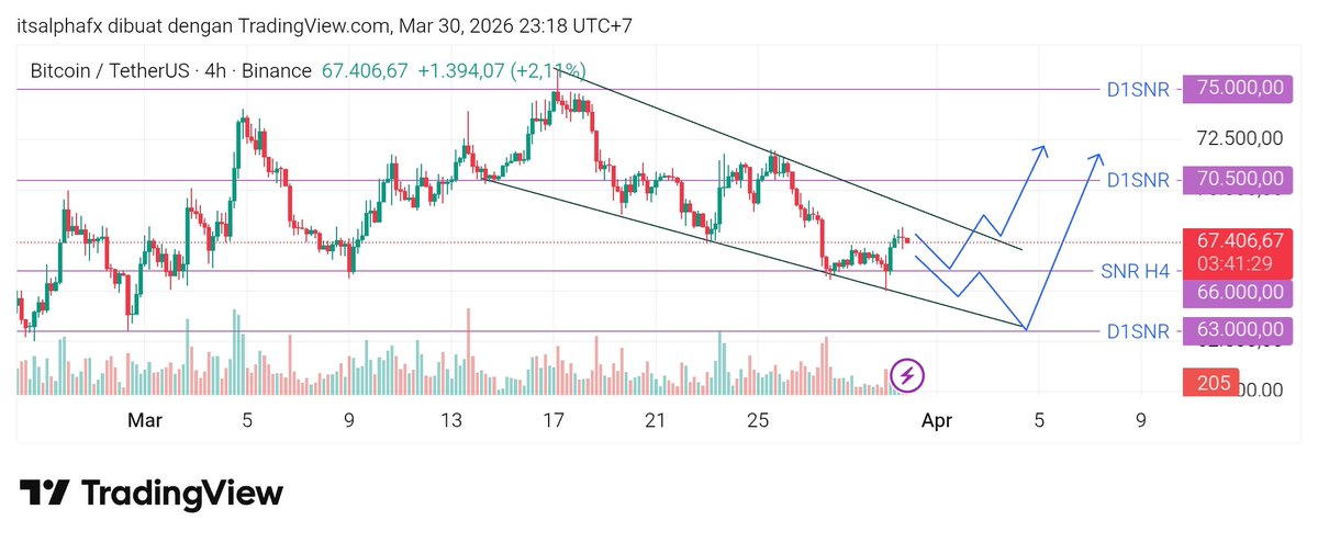 AlphaFX24's tweet photo. As shown on the D1 timeframe, #BTC is moving sideways between $63k- $75k. It is now approaching the lower area, which is quite strong D1 support. The breakdown to the 4H timeframe has formed a falling wedge. Currently, we can only place a buy limit order at $66,000. #btc #crypto https://t.co/dfrfroHt6d