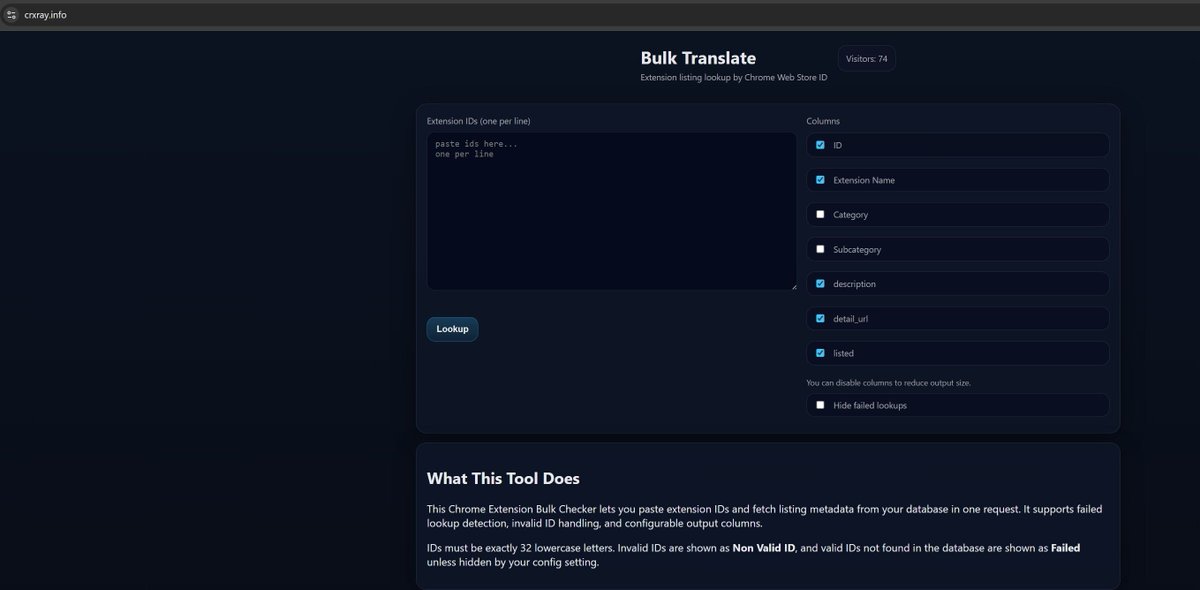 Gi7w0rm's tweet image. New tool for all those #Stealer #malware analysts out there:
https://crxray[.]info
Translate #Chrome #Extension IDs to their Names and Descriptions in Bulk.
Currently 174,534 Extensions in database. More related tools to come.