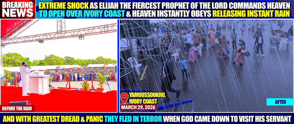 WinnerOduor's tweet photo. HE deleted HIV/AIDS, &amp; we attempted to dispute; for it was too confounding to comprehend. Now HE has come down in a most dreadful biblical event to reveal Elijah, The Prophet of Mt. Carmel.  Like in 1 Kings 18: 41-45, called down rain in Ivory Coast.
#TheLordGodHasVisited https://t.co/eDALuGyK3R