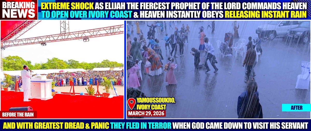 WinnerOduor's tweet photo. HE deleted HIV/AIDS, &amp; we attempted to dispute; for it was too confounding to comprehend. Now HE has come down in a most dreadful biblical event to reveal Elijah, The Prophet of Mt. Carmel.  Like in 1 Kings 18: 41-45, called down rain in Ivory Coast.
#TheLordGodHasVisited https://t.co/eDALuGyK3R