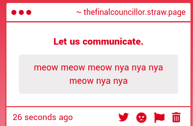 FinalCouncillor's tweet photo. Meow? 

Oh, like the cat creature Earth used to have long ago.

Why was I sent this? https://t.co/2jOpjzxjZf