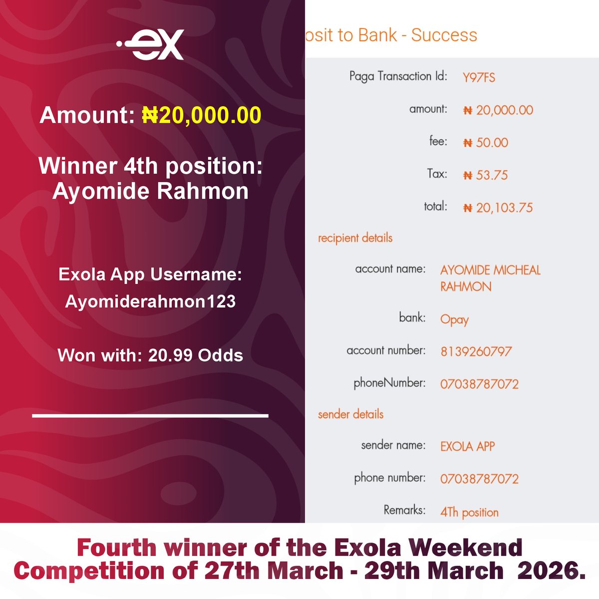 Exolaforecast's tweet photo. Payment for the Winners of the weekend 10 to 20.99 odds of the Exola competition 27th - 29th March 2026

You too can be among those who gets paid everyday if you know how to forecast football matches.

Send a DM to join. https://t.co/r6hwJNstT8