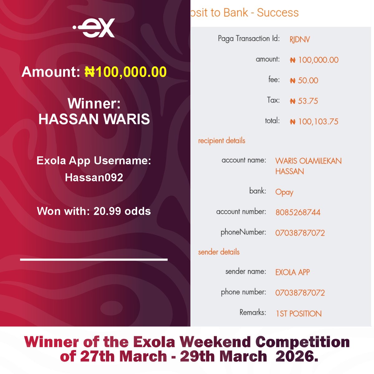 Exolaforecast's tweet photo. Payment for the Winners of the weekend 10 to 20.99 odds of the Exola competition 27th - 29th March 2026

You too can be among those who gets paid everyday if you know how to forecast football matches.

Send a DM to join. https://t.co/r6hwJNstT8