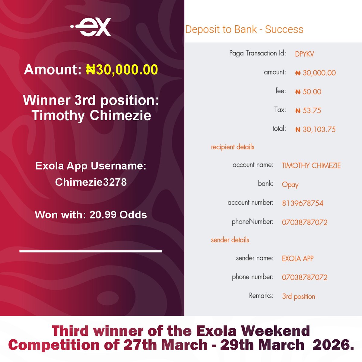 Exolaforecast's tweet photo. Payment for the Winners of the weekend 10 to 20.99 odds of the Exola competition 27th - 29th March 2026

You too can be among those who gets paid everyday if you know how to forecast football matches.

Send a DM to join. https://t.co/r6hwJNstT8