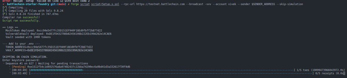 VivekNath_eth's tweet photo. Just deployed my first VulnerableVault on @battlechain testnet using battlechain-starter + Foundry. ✅ Ready for whitehats to hunt it down 👀 #BattleChain" https://t.co/WUmeuS9PRq