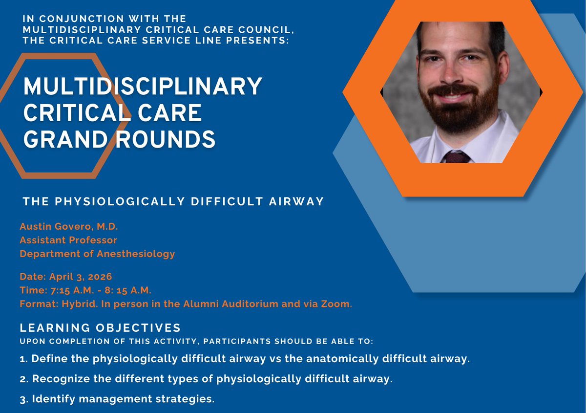 UFJaxCritCare's tweet photo. Looking forward to seeing everyone at @ufhealthjax Multidisciplinary Critical Care Grand Rounds this Friday, April 3rd! Dr. Austin Govero will be presenting “The Physiologically Difficult Airway.”
#OurCareNeverQuits. #MedicalEducation #MultidisciplinaryTeam #CriticalCare https://t.co/MkLirW5krU