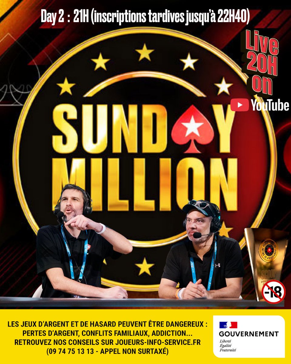 Bennyestud's tweet image. 🔞 2 jours de stream de folie....
Ce lundi 20H : Day 2 du Sunday Million (on peut encore s'inscrire !).
Ce mardi 21H20 : Day 3 en Cards Up du Sunday Million.
En direct sur le YouTube de @PokerStarsFR avec @Yuestud.
#poker #pokerlife #SundayMillion #Youtube