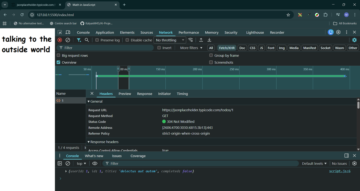 Ashab__683's tweet photo. 🚀 Learning how websites talk to the outside world!

Today I worked with APIs in JavaScript using fetch()
✔️ GET requests
✔️ POST requests (Postman)
✔️ Understanding responses like 201 Created
Feels great to see real data flow 🌐
#100DaysOfCode #WebDev #JavaScript #day87 https://t.co/SaXglxIpC7