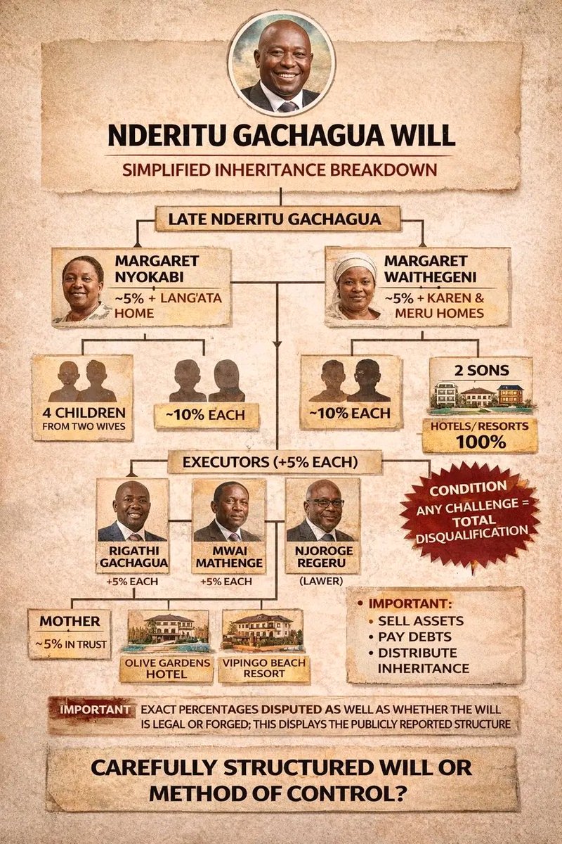 muriaso's tweet photo. Mathira mp Eric Wamumbi has promised to take the immediate family of the late Nderitu Gachagua to state house to seek assistance regarding the disputed will with the allegations that Rigathi Gachagua disinherited them.

Nderitu Gachagua was the first Governor of Nyeri County and former Mathira MP. He passed away on 24 February 2017 in London while battling pancreatic cancer.He left a detailed will that is still studied in Kenyan law schools as a good example of estate planning for complex families.

The main instruction in the will was simple. Sell all properties and assets. Pay all debts first. Then share the remaining money among the beneficiaries according to fixed percentages. No one received any specific property. Everything was to be sold and divided by formula to reduce disputes.

The will named 21 beneficiaries. These included his two wives, his four children from the wives, children he had with other women, his mother, his siblings including brother Rigathi Gachagua, and other dependents.

Shares were carefully spread out. No one received more than 10 percent of the net estate.Certain children including Kenneth and Jason Gachagua plus sisters Susan and Mercy got about 10 percent each. Each wife received about 5 percent. His mother got 5 percent held in trust. Rigathi Gachagua also received 5 percent. Other siblings and beneficiaries got between 2 and 4 percent or less.

Three executors were named. Lawyer Njoroge Regeru who helped draft the will, long time friend Mwai Mathenge, and brother Rigathi Gachagua.They were to sell assets such as Olive Garden, Vipingo Beach Resort, apartments, land, vehicles and company shares, clear debts, and distribute the money.

The will was probated and implemented around 2018 with agreement in court. Properties were sold, debts paid, and the money was sent directly to the beneficiaries according to their percentages.

The will created one condition that anyone who disputed the will would lead to automatic disqualification. This provision is allowed in the family succession law.

Today a dispute has emerged. Widow Margaret Nyokabi and her four children Susan, Mercy, Jason and Ken have spoken out publicly.They claim the will could be a draft that was forged or changed while Nderitu was very ill in hospital and unable to see or write properly. They say they were treated unfairly.

They have appealed to President William Ruto for help and investigation. They want certain assets returned to the widow and children.

Rigathi Gachagua says the will is genuine and was fairly executed years ago. He believes the claims are politically motivated. He says anyone unhappy should have challenged it in court at the time, not now through politics. He has offered to make the full will public.

The matter has now entered national politics. Some leaders like Governor Susan Kihika have called for respect for the will and fair treatment of the widow and children. In Kenya such succession cases are supposed to be decided by the High Court under probate law.

Even though the will was considered well written, large family wealth has still caused tension years later. This case is a perfect example that while good planning helps, family emotions and money can still create long lasting disputes. It's important to note that the will has been used as a case example of family succession in the Kenya school of law.