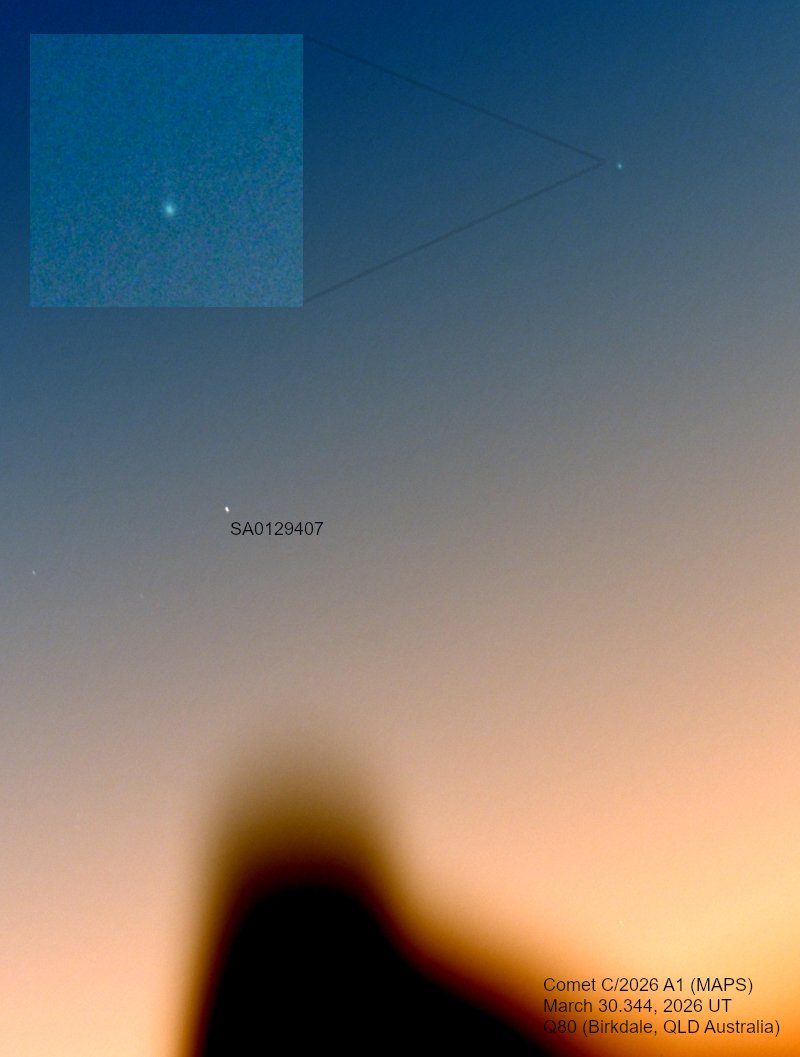 burkley65's tweet photo. It is still around...  C/2026 A1 (MAPS) on March 30. "A challenging observation with a solar elongation of 16.6 degrees". Mag around 7.5. Observation &amp; image credit: Terry Lovejoy, Australia 
https://t.co/eFIXhzj0hV https://t.co/k7hfr34iGf