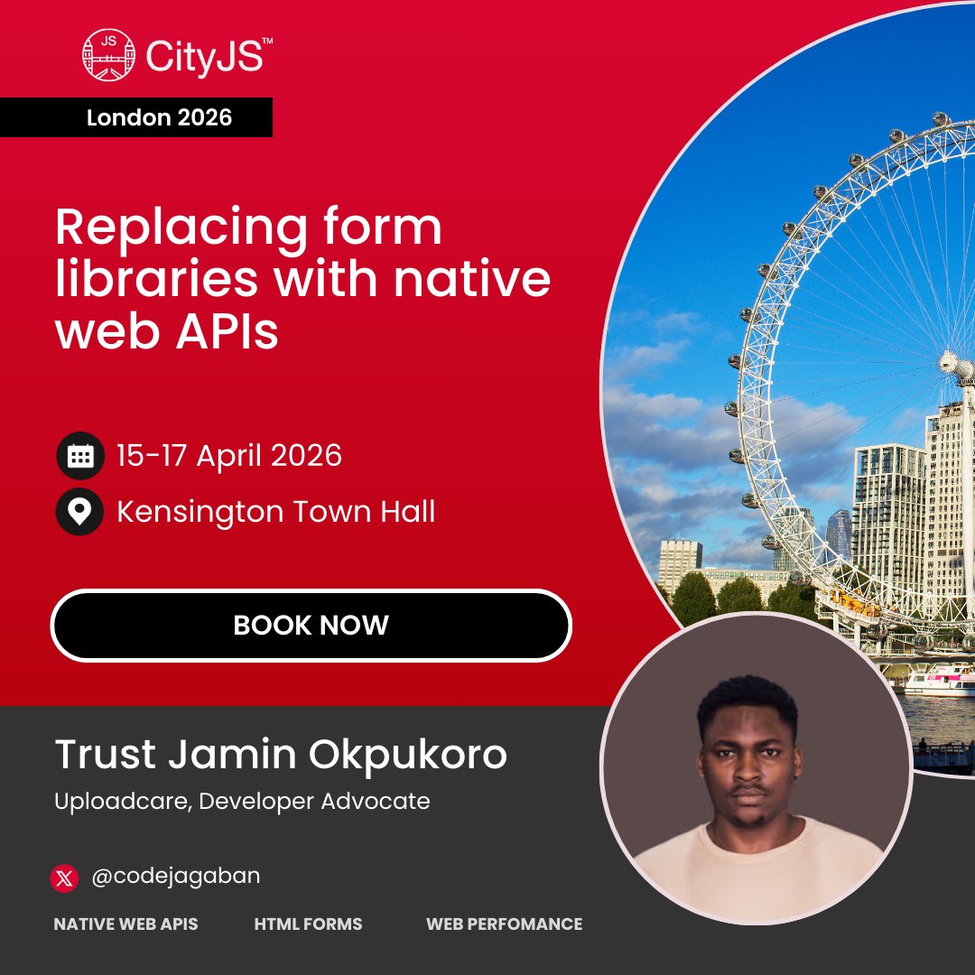 Uploadcare's tweet photo. Native browser APIs have come a long way.

Constraint Validation, Popover, and more are now capable of handling what we used to reach for third-party libraries to solve.

Our Developer Advocate @TrustJamin is unpacking exactly that at @CityJSConf London on April 17 at 11:30.

Be sure to catch the talk at the CityJs Conference!

#CityJSLondon #JavaScript #WebDev
