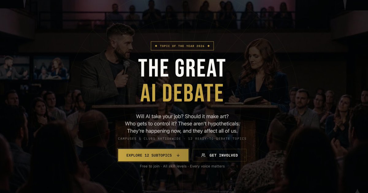 SuperDebateClub's tweet photo. 1/ AI might take your job, rewrite your kids' education, and reshape your government.

But nobody's asked you to argue your side. Until now.

SuperDebate just made AI our official topic of the year. https://t.co/B80ys3NaKH