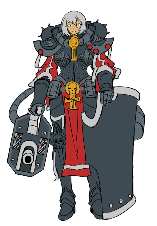 "Stay behind me sisters! Let me put this size to work!"
Lillianne del Monte is a sister born of Catachan, though you'd never know it by her smile. She much taller than her sisters in arms, and stronger in turn.
Art I commissioned from <a href="/Mokkoyu/">Mokkoyu</a> 
#warhammer40k #OC #sistersofbattle