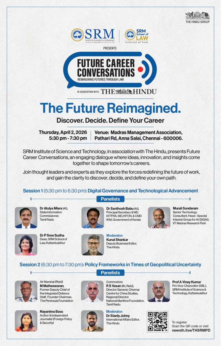 the_hindu's tweet photo. Are you a UG or PG student interested in building a career in Public Policy, Governance or International Affairs?

At Future Career Conversations presented by SRMIST in association with The Hindu, you will get a rare chance to hear from some of the most respected voices in the field. 

From leading experts on international affairs to well-known journalists covering foreign policy, security and business, along with senior policymakers, defence experts and technology leaders. This is a line-up that truly stands out.

These are professionals who are actively shaping conversations in foreign policy, geopolitics and digital governance.

If you want real insights, credible perspectives and clarity on your future in public policy; this is where you need to be!

Entry by Invite. You may please scan the QR Code or click this link to register: https://t.co/WExvLEiW7O

@SRM_Univ