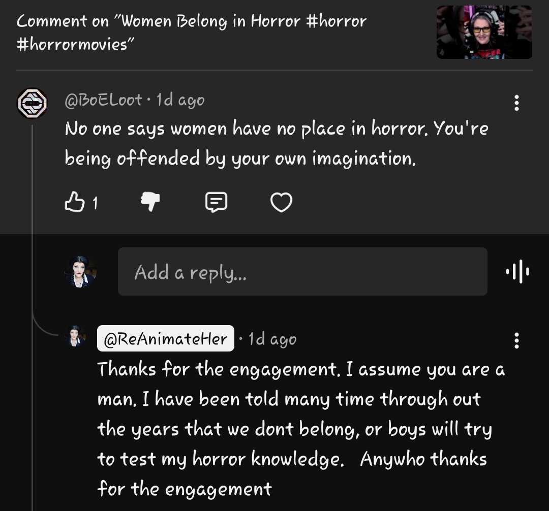 ReAnimateHer_'s tweet image. How many women in the horror community have been told we don't belong in horror or "test" our knowledge on the subject just because we are women? I know I have been &amp;amp; still get dudes "testing" me.

I love it when men tell me about my feelings or my experiences.
#horrorcommunity