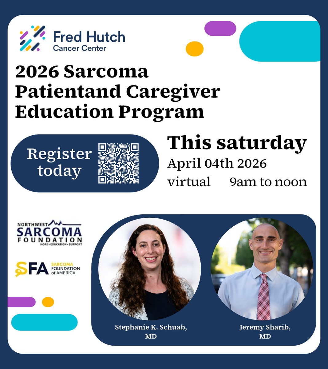 TRACER_Cancer's tweet photo. This Saturday, Fred Hutch Cancer Center is hosting a free, virtual patient education event for patients with sarcoma and their caregivers.

Please register here or visit the QR below
https://t.co/mDwkIANQoS https://t.co/kg2TugPhxS