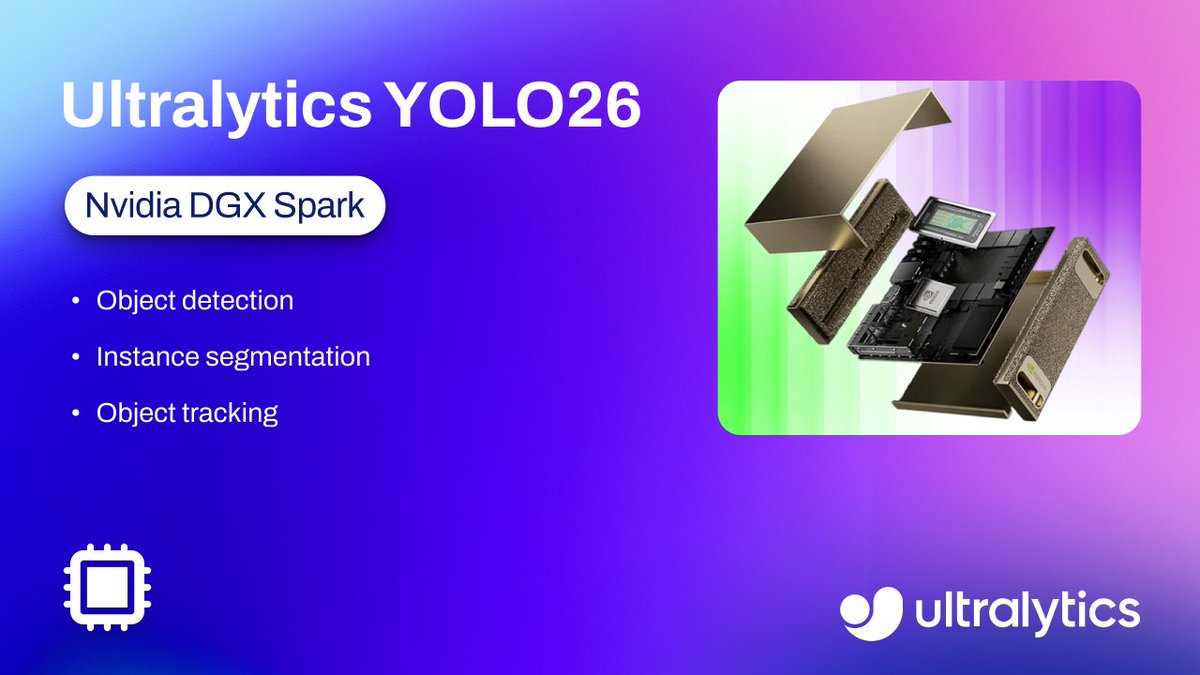 ultralytics's tweet photo. New video | Ultralytics YOLO26 inference on @NVIDIA DGX Spark β‘
See how DGX spark + YOLO26 delivers high-performance real-time AI β ~500 FPS with TensorRT and up to ~1000 FPS with batch inference π
Watch here β‘οΈ https://t.co/1Hr0ow1Hcb
#YOLO26 #NVIDIA #TensorRT https://t.co/XwmLx03pL6