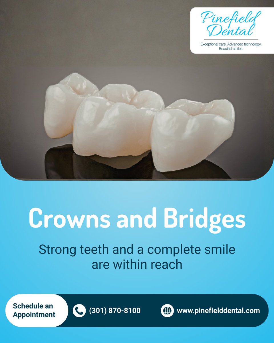 PinefieldDental's tweet photo. A weakened tooth risks fracture; dental crowns and bridges restore strength and smile. Schedule at (301) 870-8100 or https://t.co/LAstehXKMA
#DentalCrowns #DentalBridges #RestorativeDentistry #SmileRepair #PinefieldDental https://t.co/KMraLeBSoP