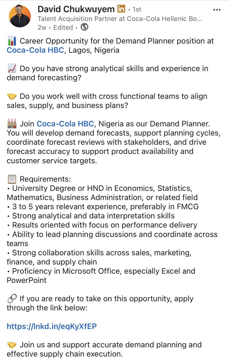 Demand planning position with Coca-Cola. 

If you’re a very good Data analyst &amp; you can tweak your CV excellently, I don’t see why you won’t be able to land this role. 

NB- In Nigeria supply chain Industry, Coca-Cola, is easily top 10 salary-wise. 

Meanwhile, don’t fall for the