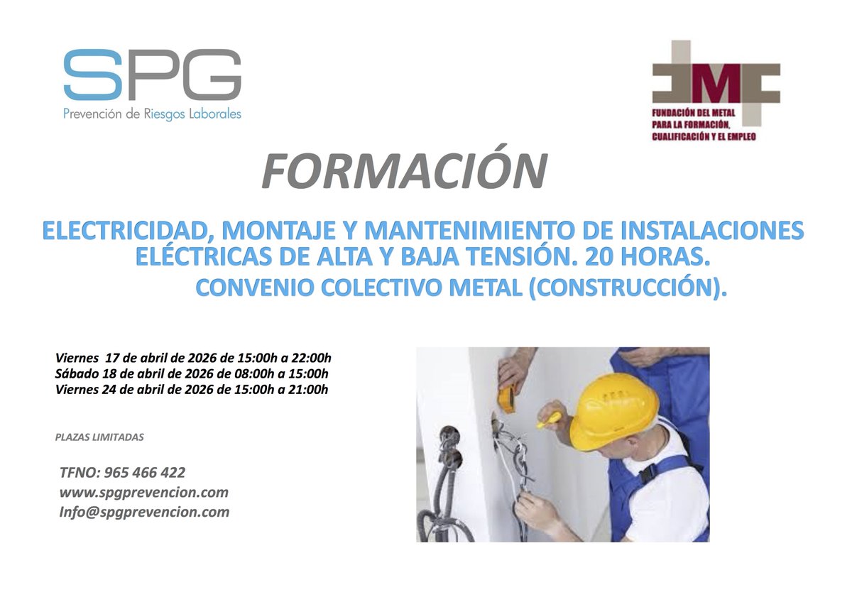 spgprevencion's tweet photo. NUEVOS CURSOS 📢 Abril llega con nuevas oportunidades de formación en prevención de riesgos laborales 🚀
En SPG seguimos apostando por tu seguridad y la de tu equipo. Porque formarse hoy es proteger el mañana.
📲 965 466 422
📩 info@spgprevencion.com
#SPGPrevención #Elche https://t.co/tsmWyiVBjt